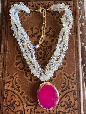Custom made Opaline Beaded Necklace with Pink Agate Pendant and pearl. Worn once